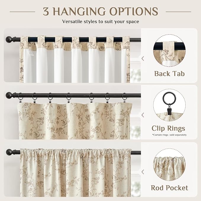 Blackout Vintage Floral Linen Curtains Taupe on Beige 50×84 2 Panels | Elisa - Image 8