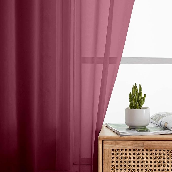 Burgundy Sheer Curtains for Bedroom Living Room 96 Inches Long 2 Panels - Image 6