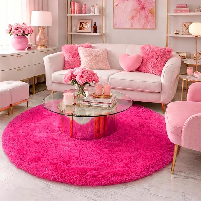 Amdrebio Hot Pink Fluffy Large Round Rug 6Ft - Image 3
