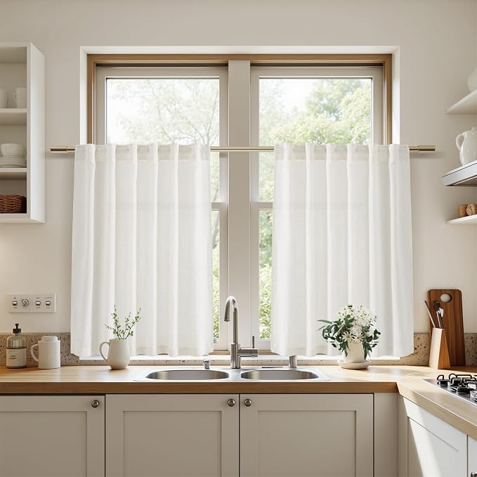 Beige White Linen Curtains 36 Inch Length Cortinas para Cocina Kitchen Semi - Image 8