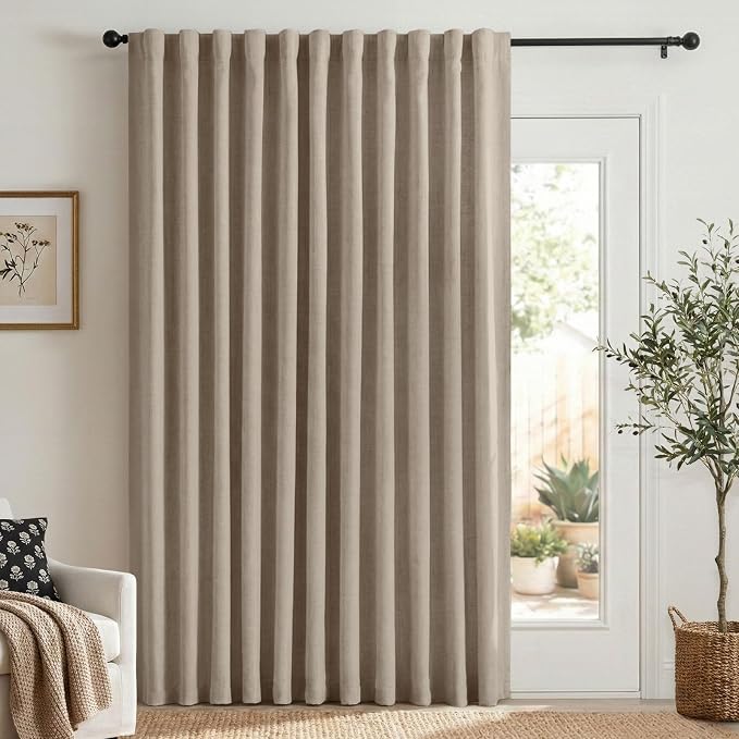 Linen Textured Blackout Sliding Door Curtains 84 Inch Long Burlywood Birch | by 100BlackoutShield