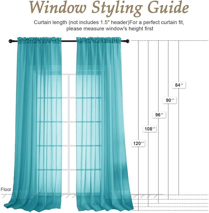 Turquoise Sheer Curtains 84 Inches Long 2 Panels Set, Light Filtering Sheer - Image 7