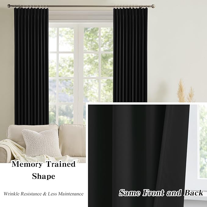 72 Inch Wide Black Pinch Pleated Curtains 72 x 90, Thermal Insulated Noise - Image 6