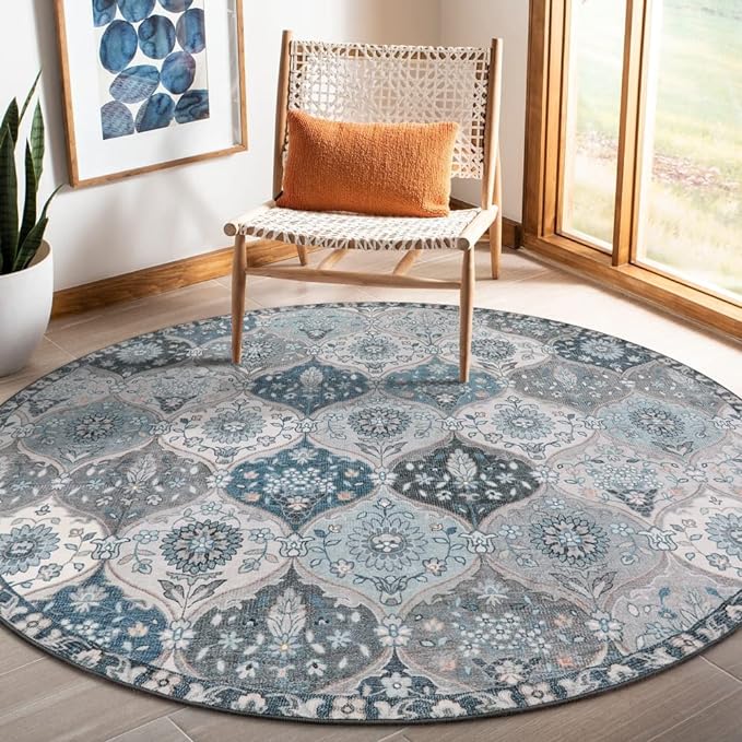 Lahome Moroccan Washable Round Area Rug, Soft Blue Vintage Round Rugs 6ft | by Lahome