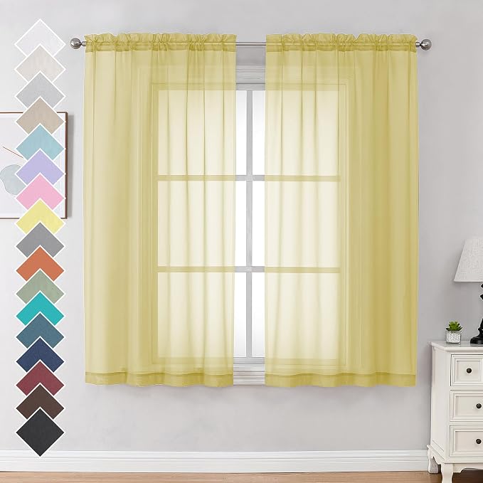 Mustard Yellow Sheer Curtains 63 Inches Length 2 Panels Rod Pocket Light Weight by OVZME