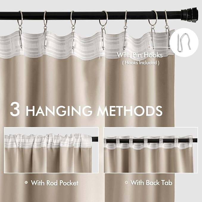 MIULEE Taupe Back Tab Blackout Curtains 52x63 Inches Long 2 Panels Set | Rod - Image 3