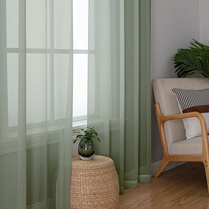 Sage Green Sheer Curtains 90 Inches Long 2 Pcs, Modern Solid Voile Light - Image 2