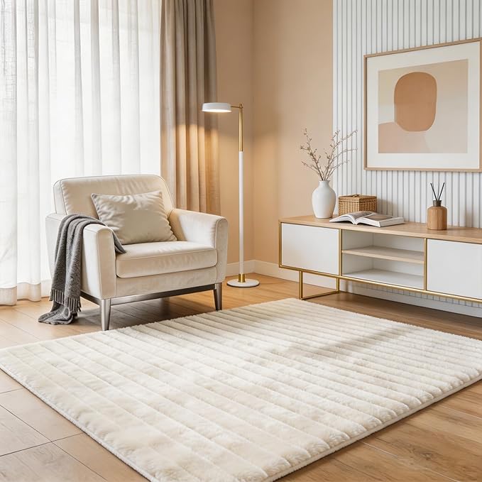Creamy White Rabbit Striped Plush Rug 5'x8', Fluffy Faux Fur Shaggy Area Rug by CHOVY