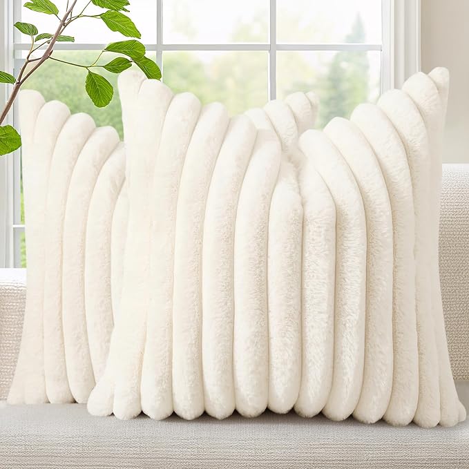 decorUhome Fall Faux Fur Throw Pillow Covers 20x20 Set of 2 Cream White | by decorUhome