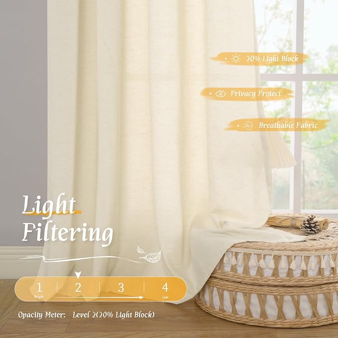 Semi Sheer Light Beige Linen Curtains 63 inch Length - Image 4