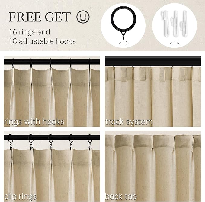 Topfinel 96 Inches Long Pinch Pleated Semi Sheer Curtains, Natural Linen - Image 2