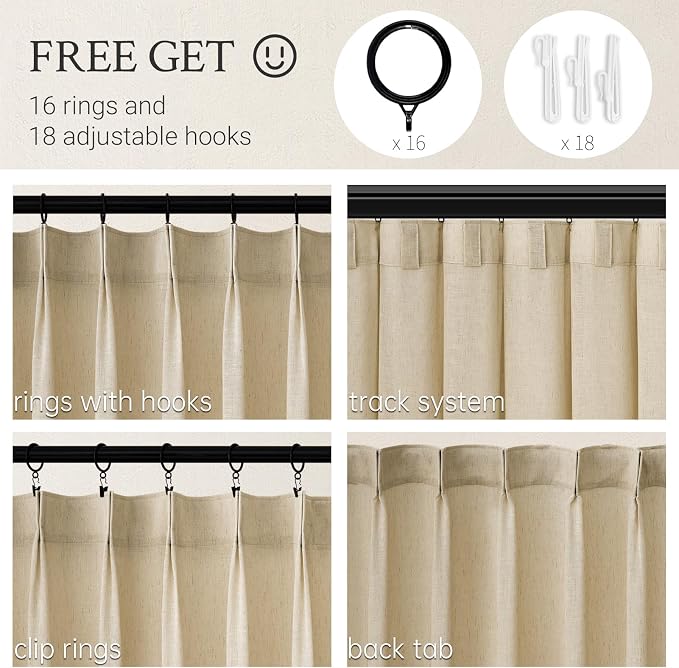 Topfinel 84 Inches Long Pinch Pleated Semi Sheer Curtains, Natural Linen - Image 3