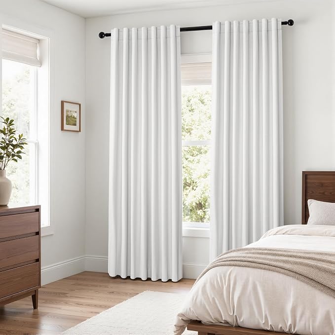 Topfinel Snow White 100% Blackout Linen Bedroom Curtains 90 Inch Length Back by Topfinel