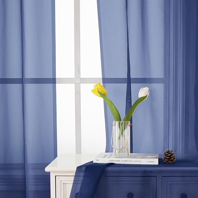 Royal Blue Sheer Curtains 45 Inch Length 2 Panels, Voile Rod Pocket Curtain - Image 9