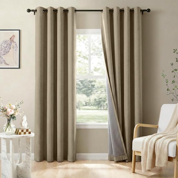 100% Blackout Linen Textured Curtains 90 Inch Long, Plaza Taupe | 100% Blackout by 100BlackoutShield