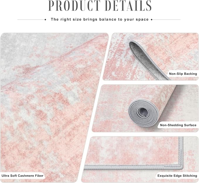 5x8 Area Rug Living Room: Modern Washable Soft Carpet Pink White | - Image 6