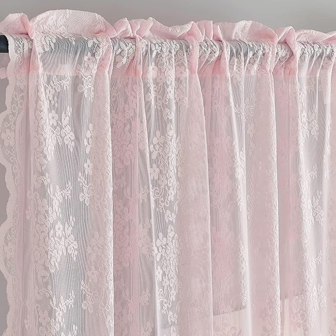 YJ YANJUN Vintage Lace Curtains Cute Pink Floral Cafe Curtains 45 inch Length 2 - Image 2