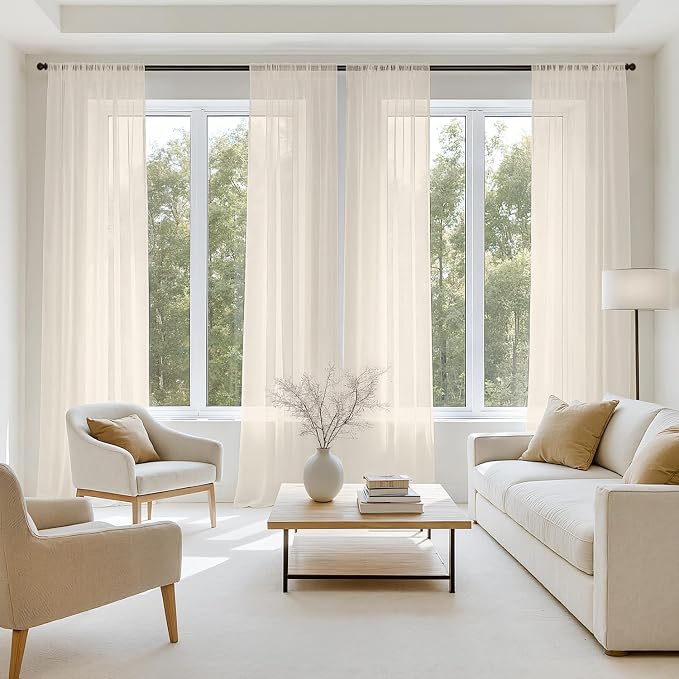 MIULEE Light Beige Sheer Curtains 108 Inches Long 4 Panels 42 x 108 Inches | by MIULEE