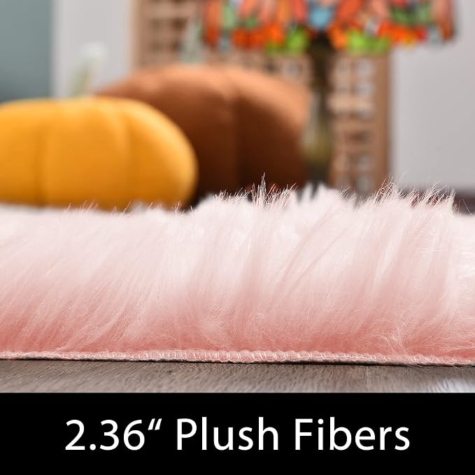 Latepis Pink Faux Fur 4'x5'10" Area Rug, Soft Plush Faux Fur Sheepskin Rugs - Image 2