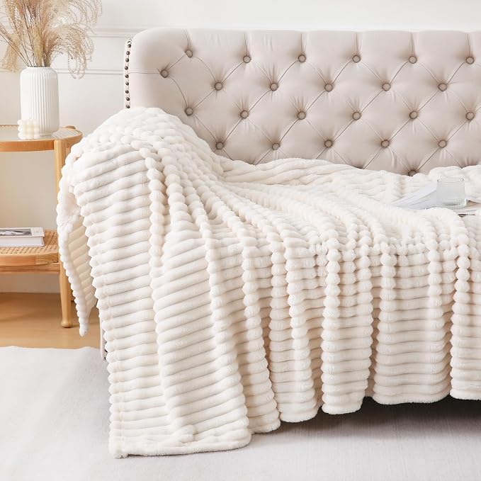 Cream White Throw Blanket for Couch Sofa 50x60 inches Striped Design | Fleece - Image 2