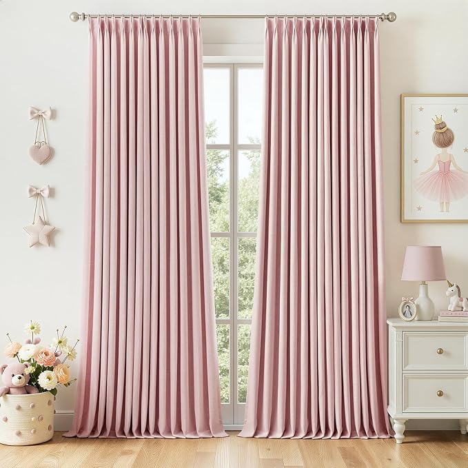MIULEE Pink Pinch Pleated 100% Blackout Linen Curtains 40x96 Inches | Room by MIULEE