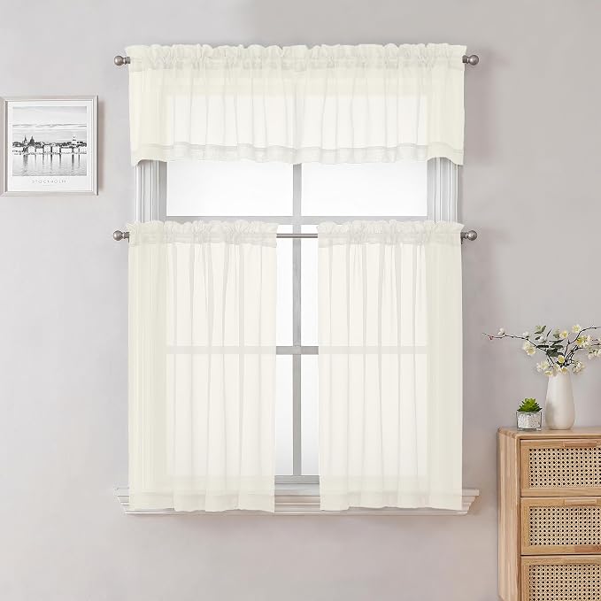 Ivory Sheer Curtains Tiers 36 Inch Length Set of 2, Voile Kitchen Curtains - Image 8