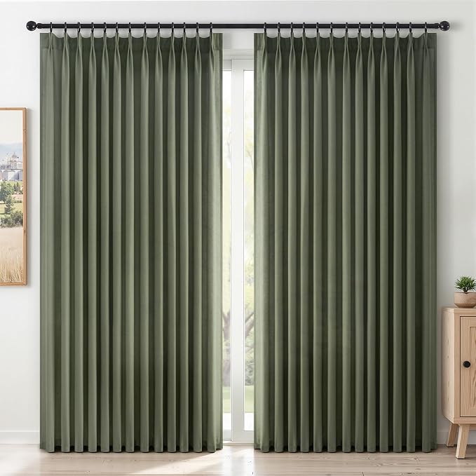 Topfinel 102 Inch Pinch Pleated Linen Curtains 2 Panels, Olive Green Semi Sheer by Topfinel
