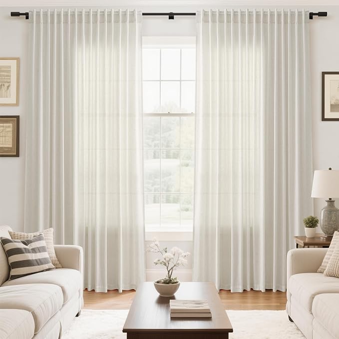 Cream Large Window Curtains Light Filtering Semi Sheer Privacy Linen Textured - Image 7