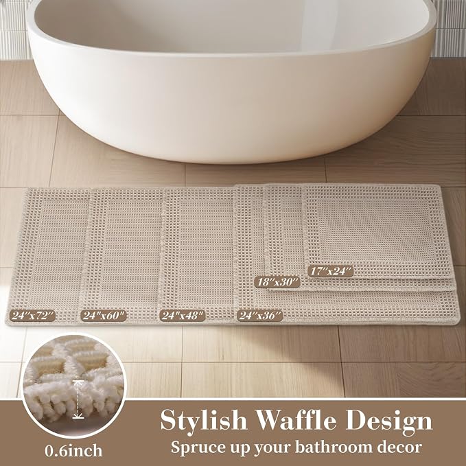 RESARE Waffle Bathroom Runner Rugs, Non Slip Boho Bath Mat 24x72 Pale Beige | - Image 5