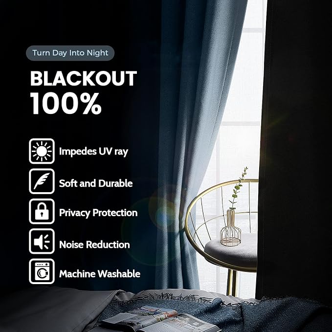 SimpleHome Stone Blue 100% Blackout Curtains Room Darkening Living Room 84L | - Image 3
