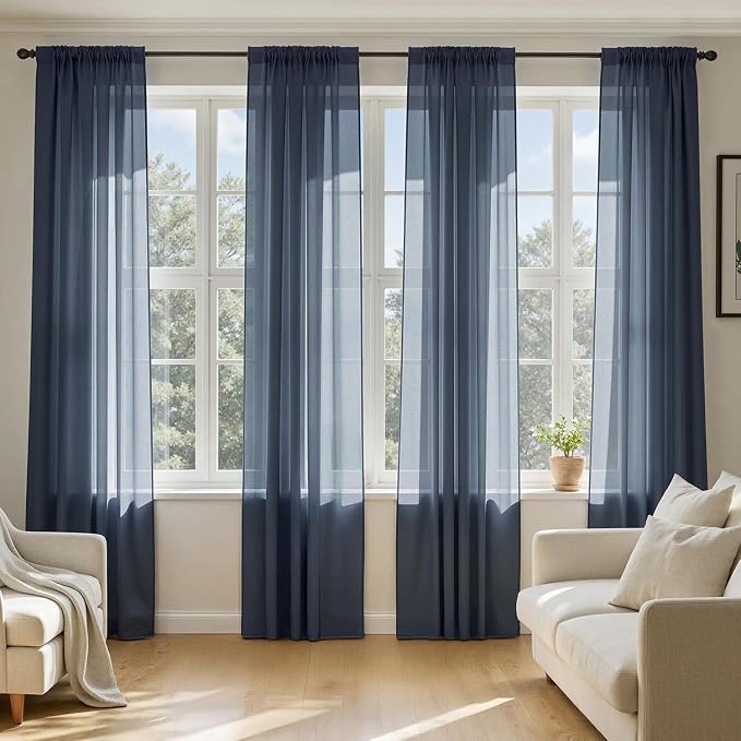 MIULEE Navy Blue Sheer Curtains 108 Inches Long 4 Panels 42 x 108 Inches | by MIULEE