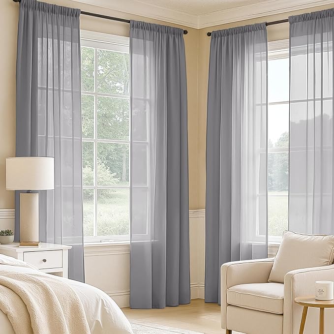 MIULEE Dark Grey Sheer Curtains 108 Inches Long 4 Panels 42 x 108 Inches | - Image 2