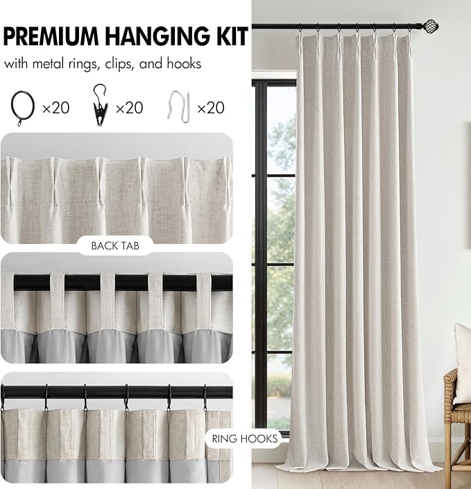 MIULEE Birch Pinch Pleated 100% Blackout Linen Curtains 40x108 Inches | Room - Image 8