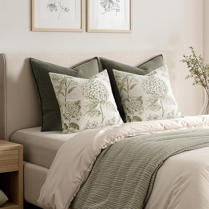 Set of 2 Decorative Floral Pillow Covers 18x18 Inch Light Green | Neutral - Image 6