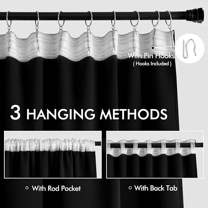 MIULEE Black Back Tab Blackout Curtains 52x54 Inch Length 2 Panels Set | Rod - Image 3