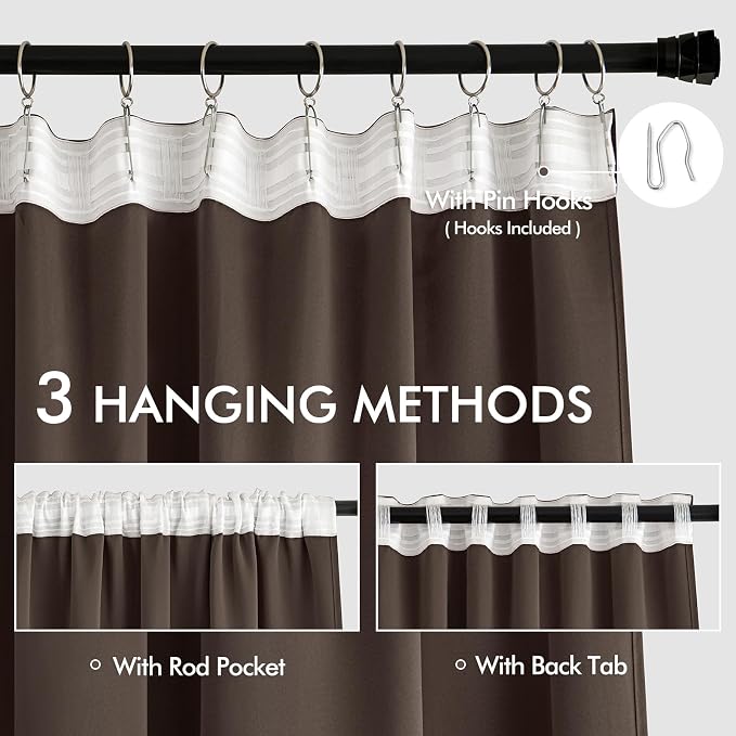 MIULEE Chocolate Brown Back Tab Blackout Curtains 52"x102" Long 2 Panel Set | - Image 3