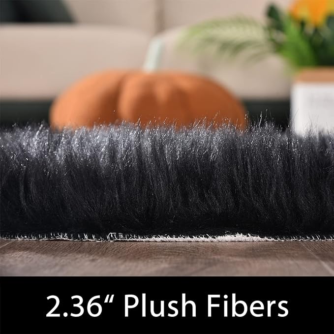 Latepis Black Rugs for Bedroom 3x5 Throw Rug Shag Washable Faux Fur Sheepskin - Image 2