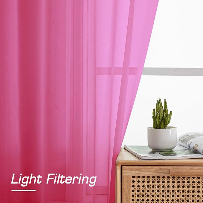 Short Hot Pink Sheer Curtains 36 Inch Length 2 Panels Set, Kitchen Tiers - Image 4