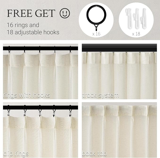 Topfinel 108 Inch Pinch Pleated Linen Curtains 2 Panels, Natural Semi Sheer - Image 2