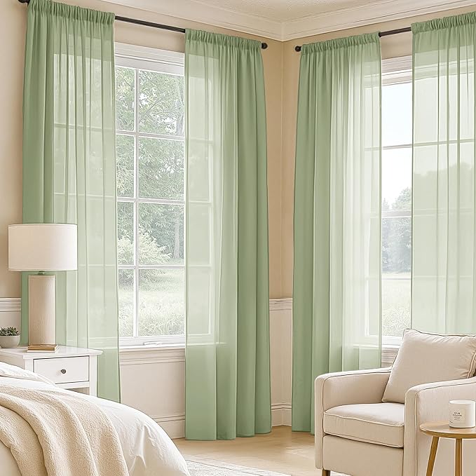 MIULEE Sage Green Sheer Curtains 108 Inches Long 4 Panels 42 x 108 Inches | - Image 2