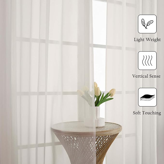Ivory Sheer Curtains 63 Inch Length 2 Panels Set, Rod Pockets Voile Bedroom - Image 8