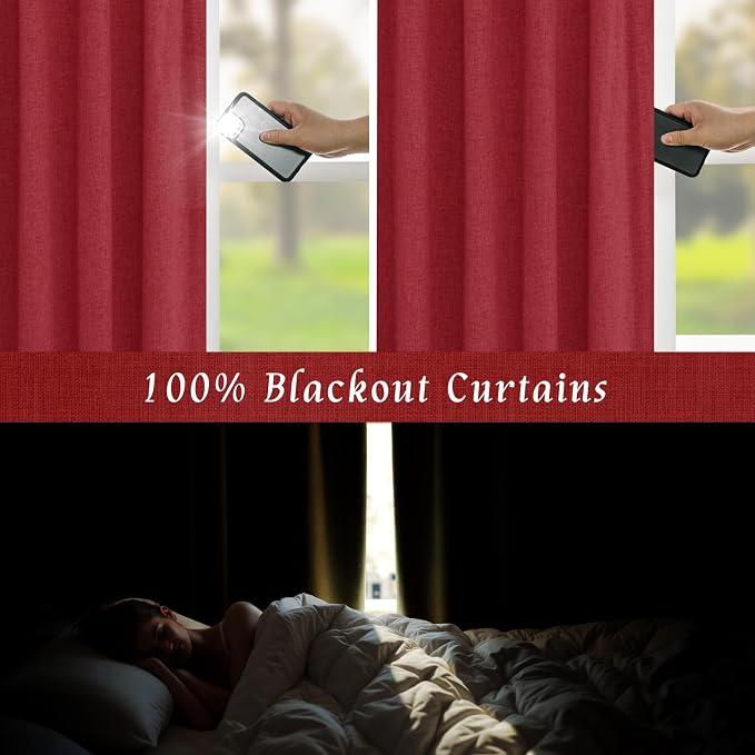 100% Blackout Red Linen Bedroom Curtains 63 Inches 2 Panels | Thermal Insulated - Image 3