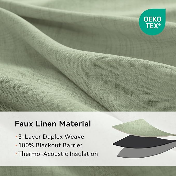 100% Blackout Linen Textured Curtains 84 Inch Long, Sage Green | 100% Blackout - Image 5