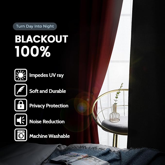 SimpleHome Burgundy Red 100% Blackout Curtains Room Darken Living Room 72 | - Image 3