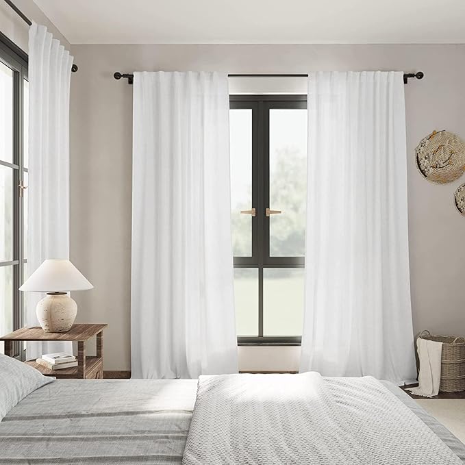 White Linen Curtains 84 Inch Length 2 Panels Back Tab Rod Pocket Semi Sheer - Image 7
