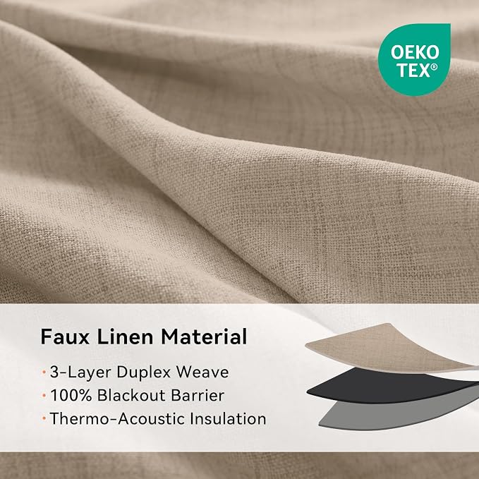 100% Blackout Linen Textured Curtains 90 Inch Long, Burlywood Birch | 100% - Image 4