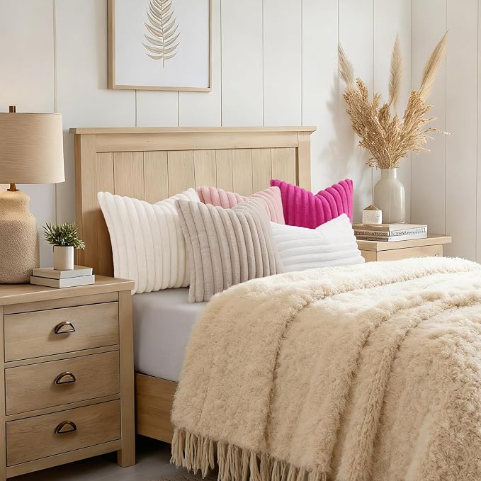 decorUhome Fall Faux Fur Throw Pillow Covers 18x18 Set of 2 Cream White | - Image 6
