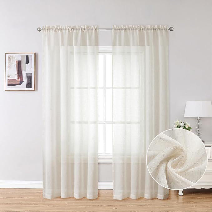 Simplebrand Natural Linen Textured Sheer Curtains 84 inches Length 2 Panels Set - Image 2