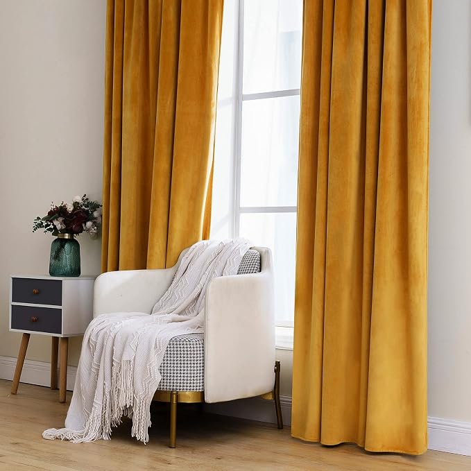 MIULEE Velvet Blackout Curtains 52x90 inches 2 Panels Mustard Yellow | Luxury - Image 7
