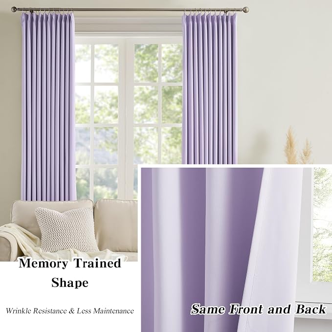 Pinch Pleated Lavender Blackout Curtains 63 Inches Long, Sound & Light Reducing - Image 6